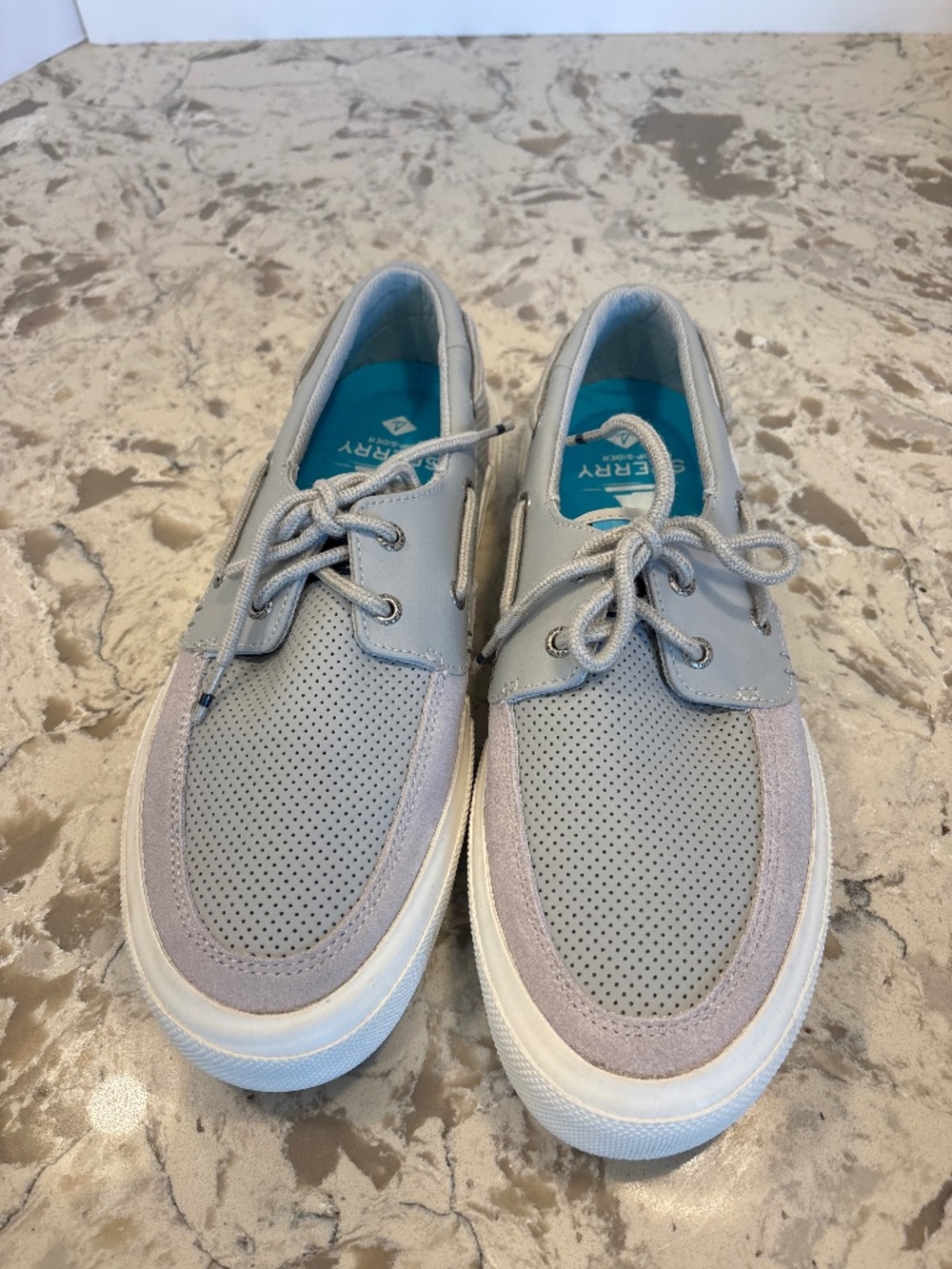 Sperry Soletide 2-Eye Boat Shoes Grey Perforated Leather Men’s 10